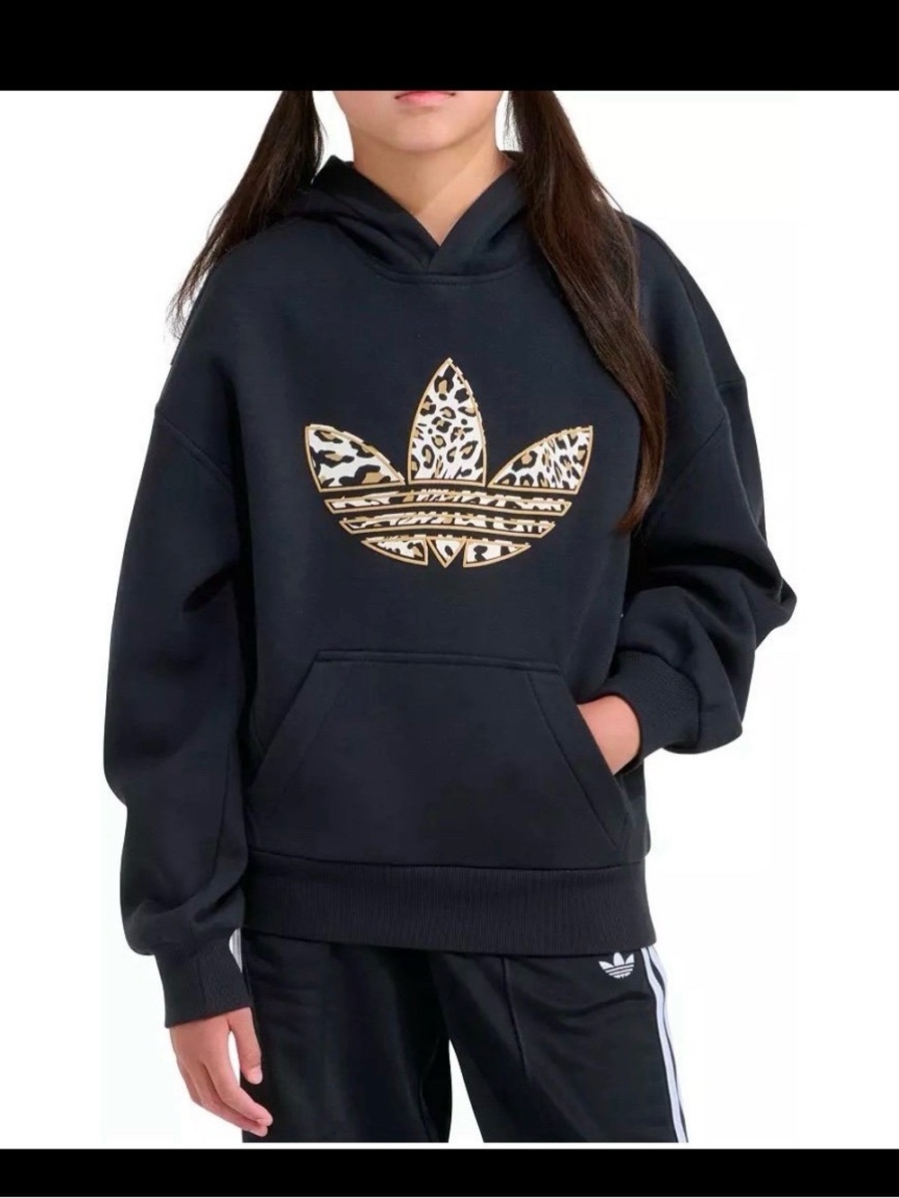 Girls Black Leopard  Adidas hoodie Trefoil logo Size Small